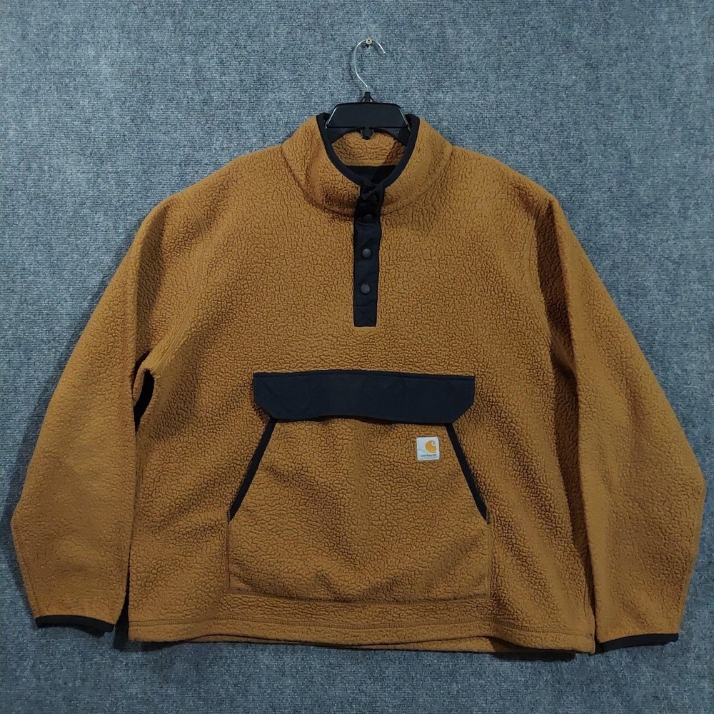 Carhartt Sweatshirt Mens XL Brown Sherpa Fleece Snap Mock Neck Pullover Kangaroo
